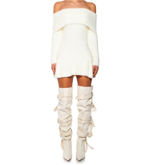 Callie Purrfect Pretty: Fuzzy Furry Off Shoulder Knit Ivory Mini Skater Dress L